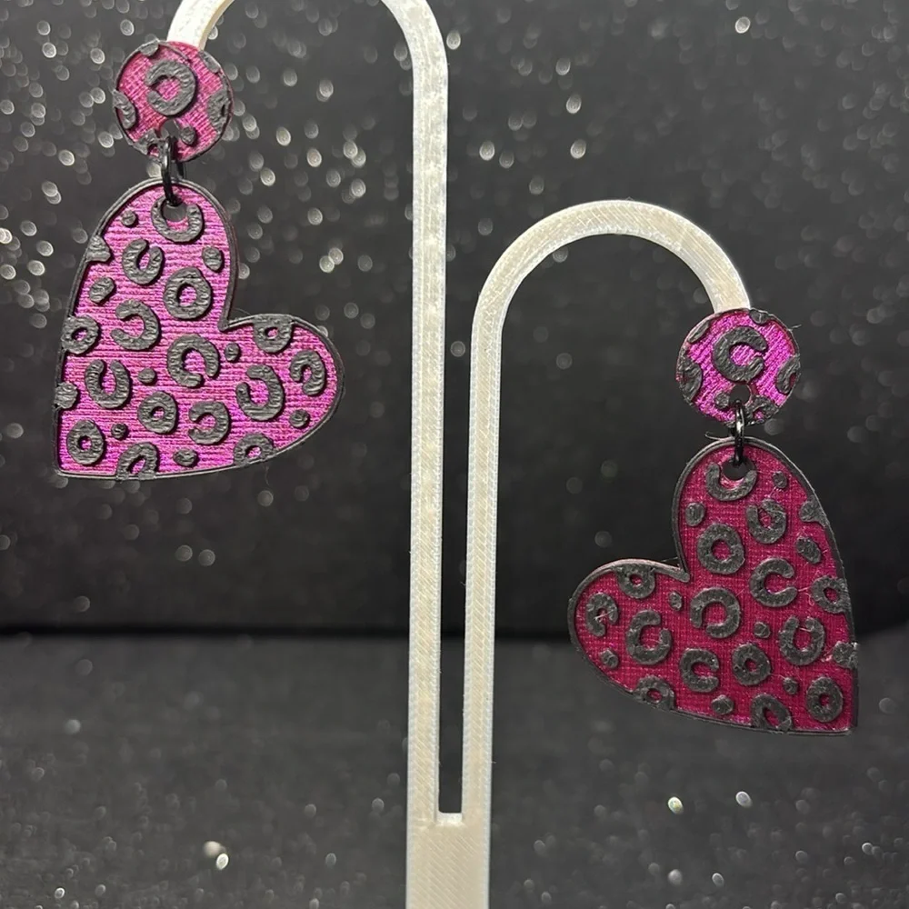 Pink Leopard Heart Earrings